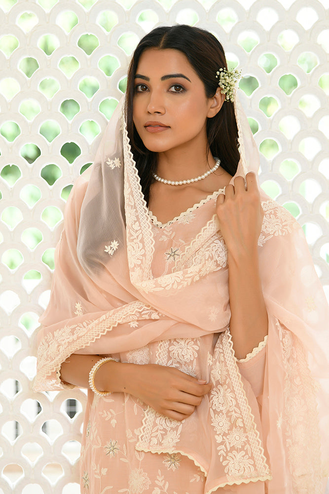 Women linen embroidered solid kurta set with solid pants & chiffon embroidered dupatta