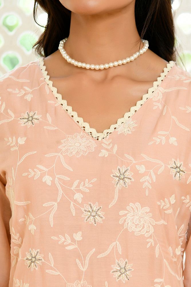 Women linen embroidered solid kurta set with solid pants & chiffon embroidered dupatta