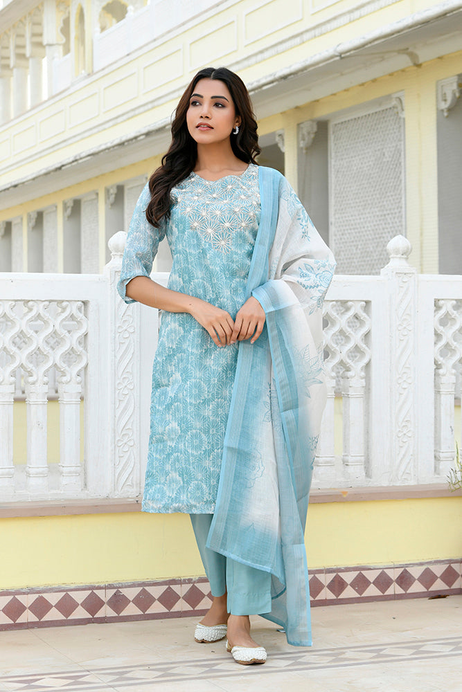 Women Tissue Linen Embroidered Solid Kurta Set With Solid Pants & Printed Dupatta