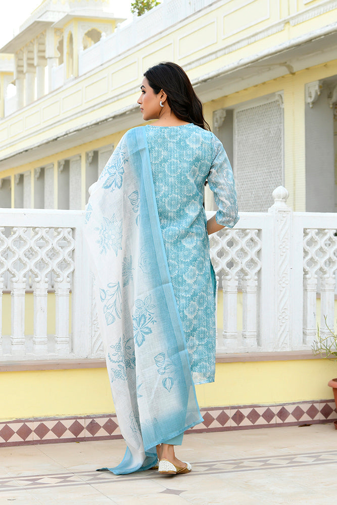 Women Tissue Linen Embroidered Solid Kurta Set With Solid Pants & Printed Dupatta