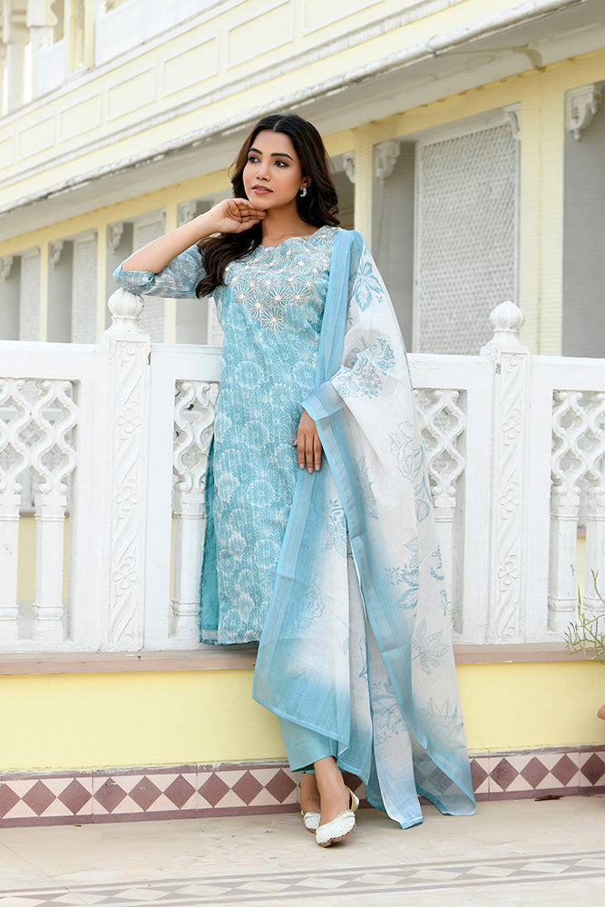 Women Tissue Linen Embroidered Solid Kurta Set With Solid Pants & Printed Dupatta