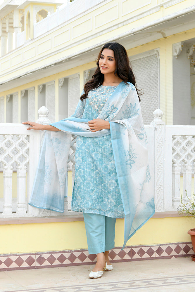 Women Tissue Linen Embroidered Solid Kurta Set With Solid Pants & Printed Dupatta