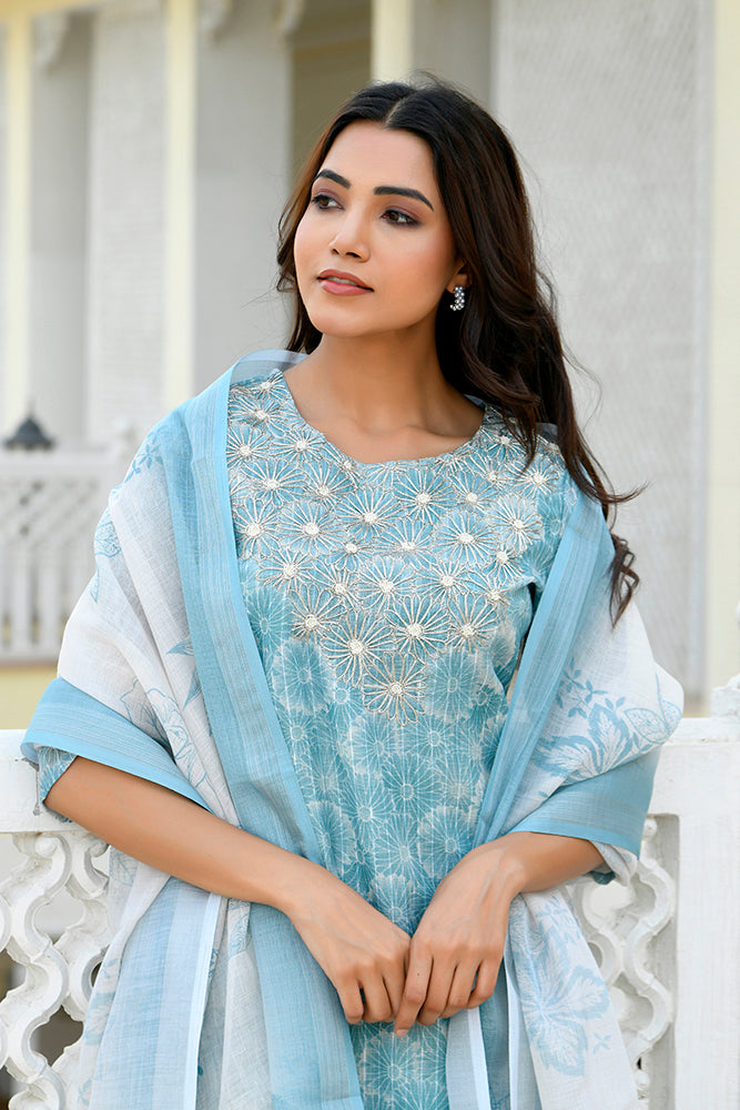 Women Tissue Linen Embroidered Solid Kurta Set With Solid Pants & Printed Dupatta