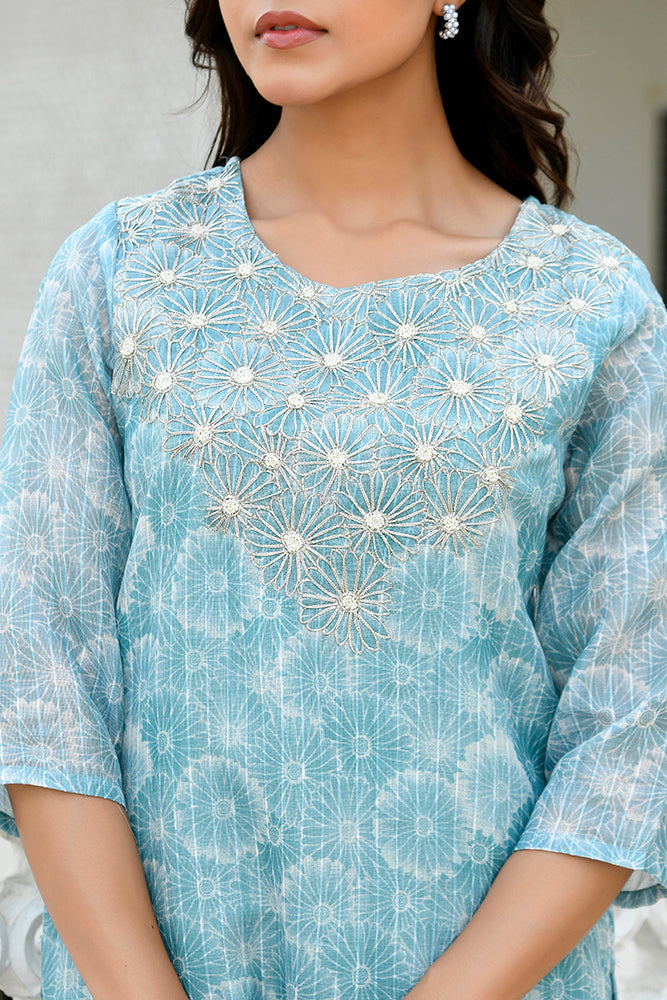 Women Tissue Linen Embroidered Solid Kurta Set With Solid Pants & Printed Dupatta