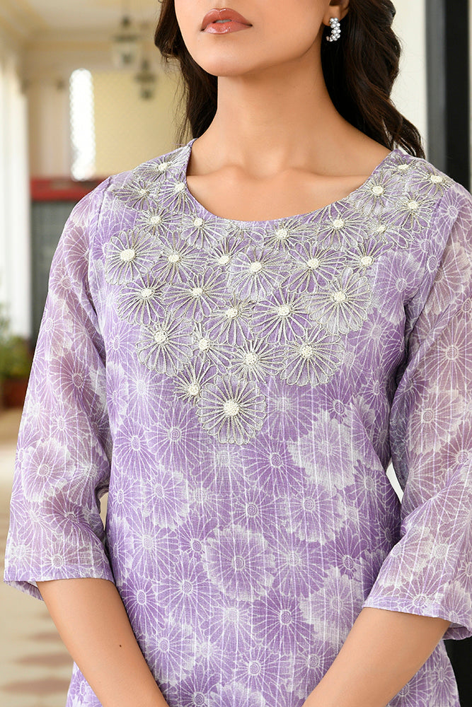 Women Tissue Linen Embroidered Solid Kurta Set With Solid Pants & Printed Dupatta