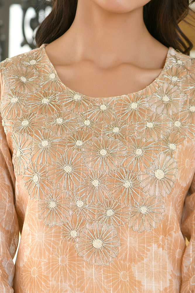 Women Tissue Linen Embroidered Solid Kurta Set With Solid Pants & Printed Dupatta