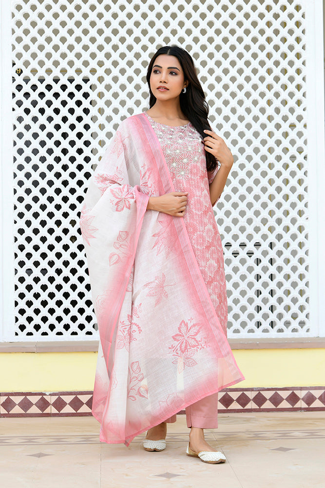 Women Tissue Linen Embroidered Solid Kurta Set With Solid Pants & Printed Dupatta
