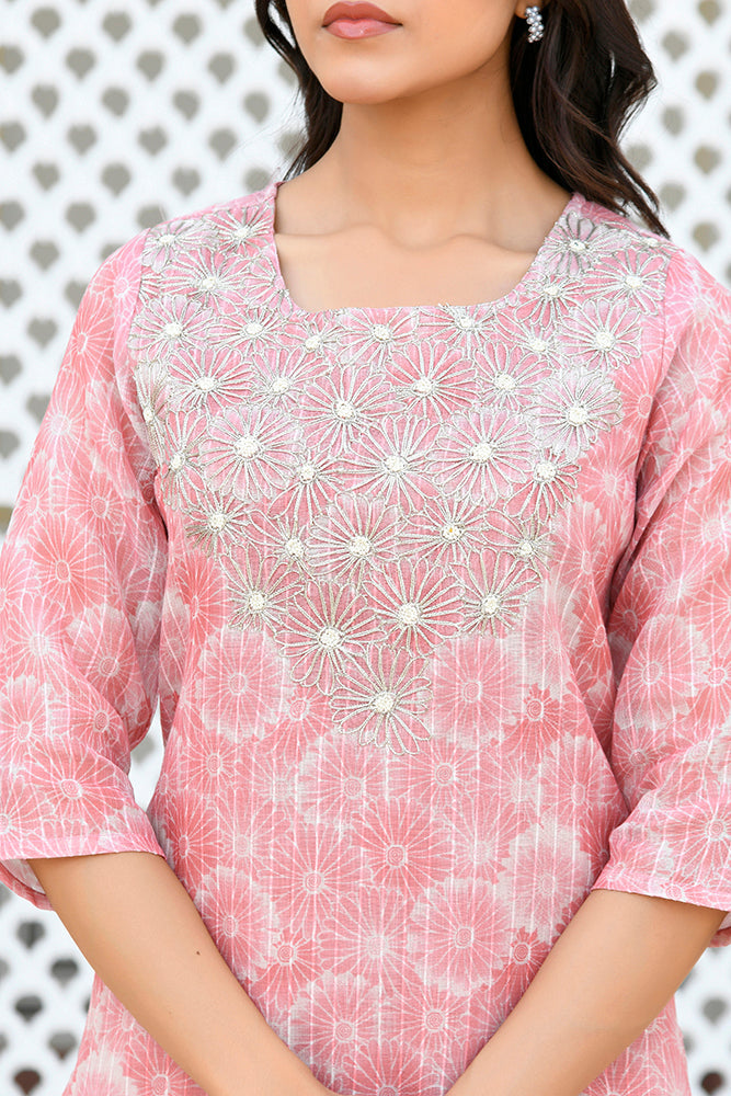 Women Tissue Linen Embroidered Solid Kurta Set With Solid Pants & Printed Dupatta