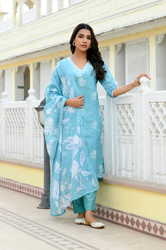 Women kota doria embroidered solid kurta set with solid pants & printed dupatta