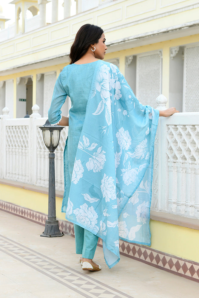Women kota doria embroidered solid kurta set with solid pants & printed dupatta