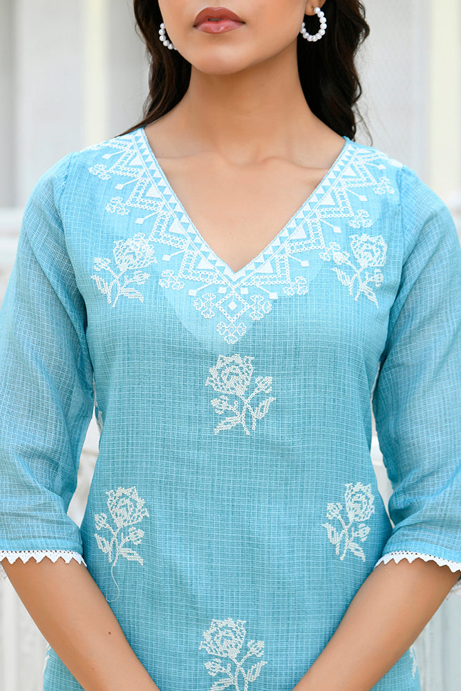 Women kota doria embroidered solid kurta set with solid pants & printed dupatta