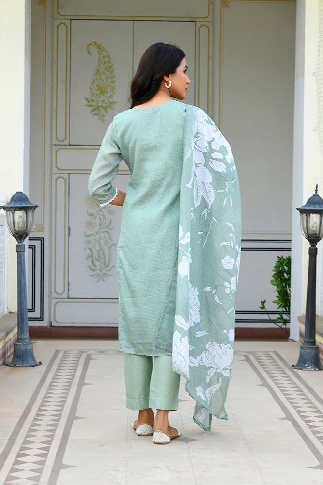 Women kota doria embroidered solid kurta set with solid pants & printed dupatta