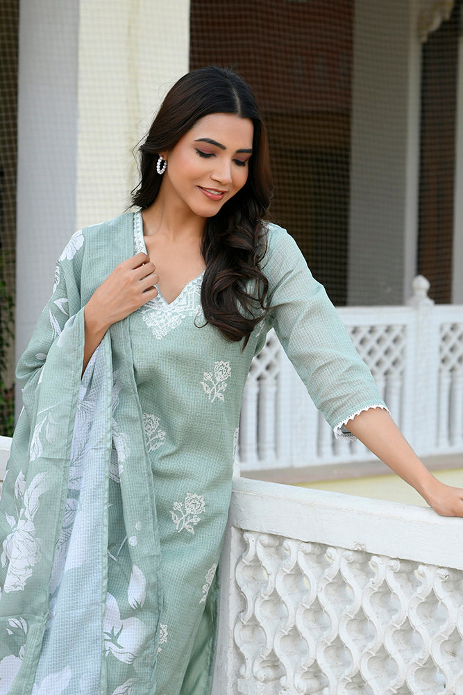 Women kota doria embroidered solid kurta set with solid pants & printed dupatta