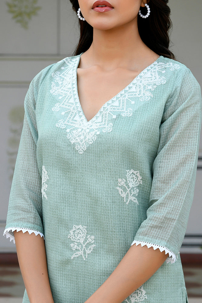 Women kota doria embroidered solid kurta set with solid pants & printed dupatta