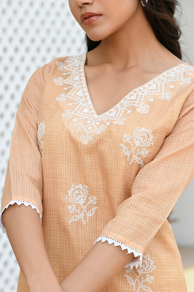 Women kota doria embroidered solid kurta set with solid pants & printed dupatta