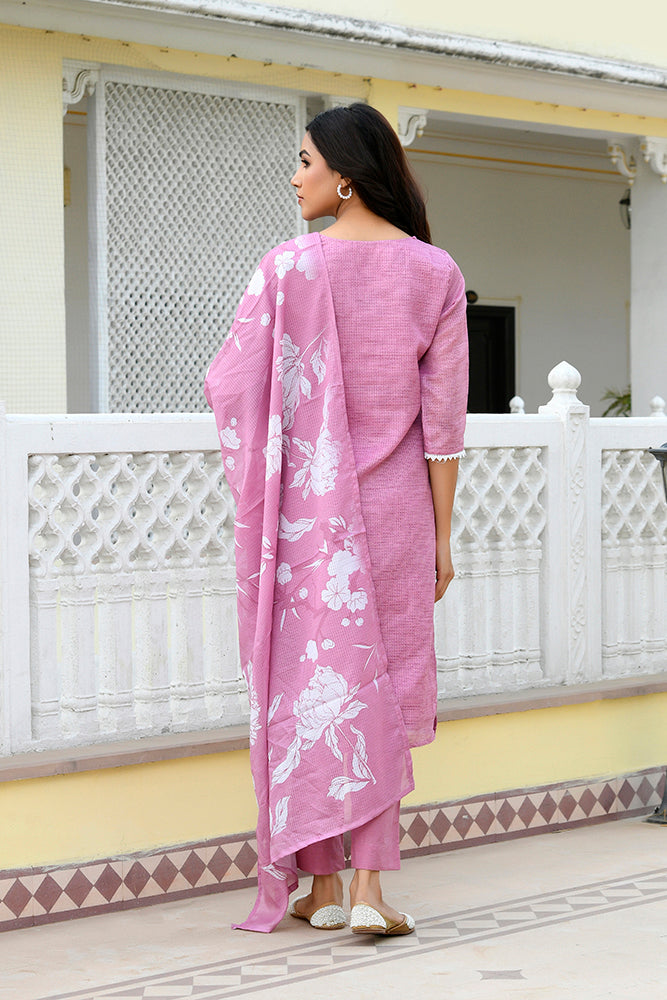 Women kota doria embroidered solid kurta set with solid pants & printed dupatta