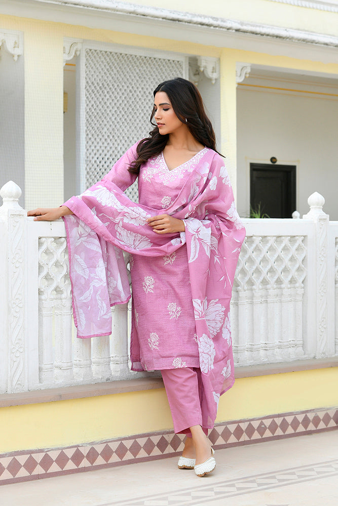 Women kota doria embroidered solid kurta set with solid pants & printed dupatta