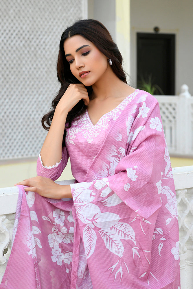 Women kota doria embroidered solid kurta set with solid pants & printed dupatta