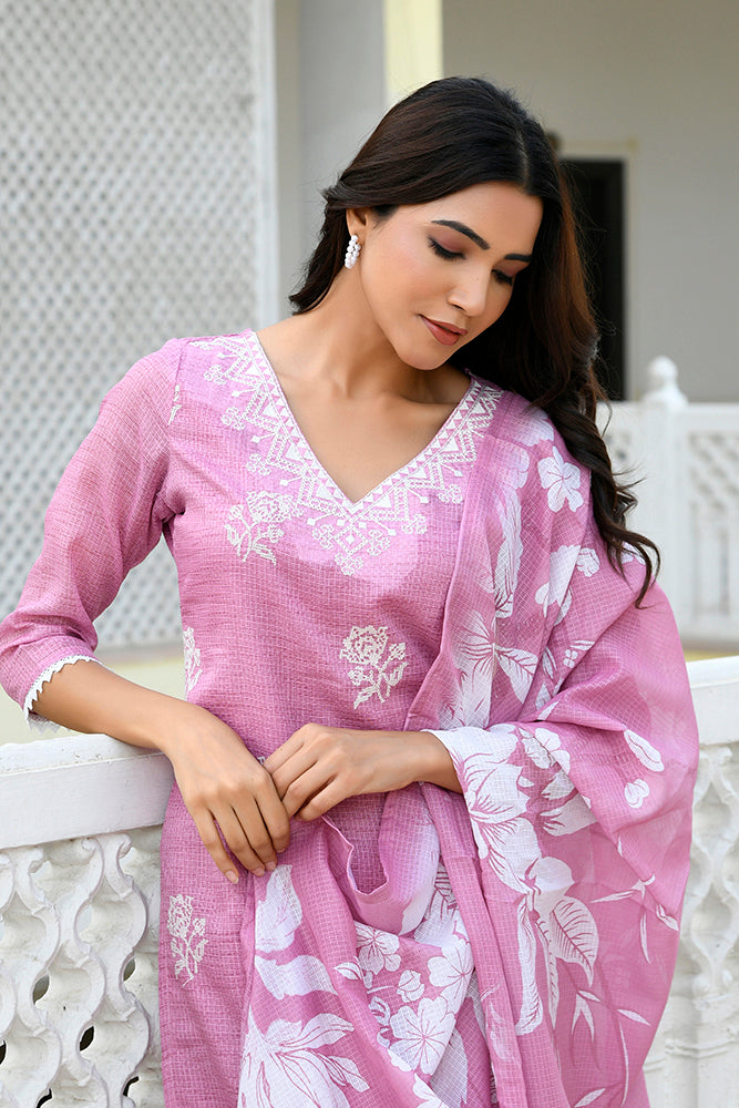Women kota doria embroidered solid kurta set with solid pants & printed dupatta