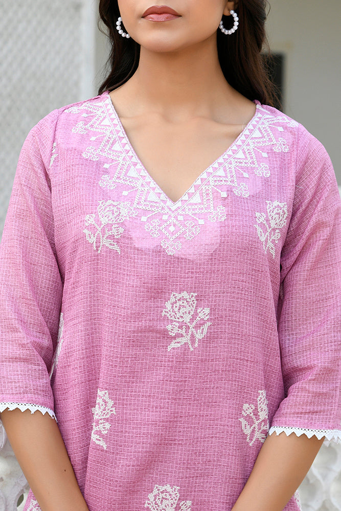 Women kota doria embroidered solid kurta set with solid pants & printed dupatta