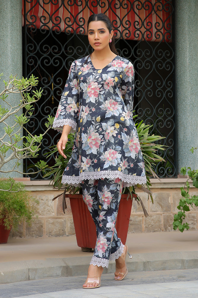 Women black printed CORD set with PRINTED pants