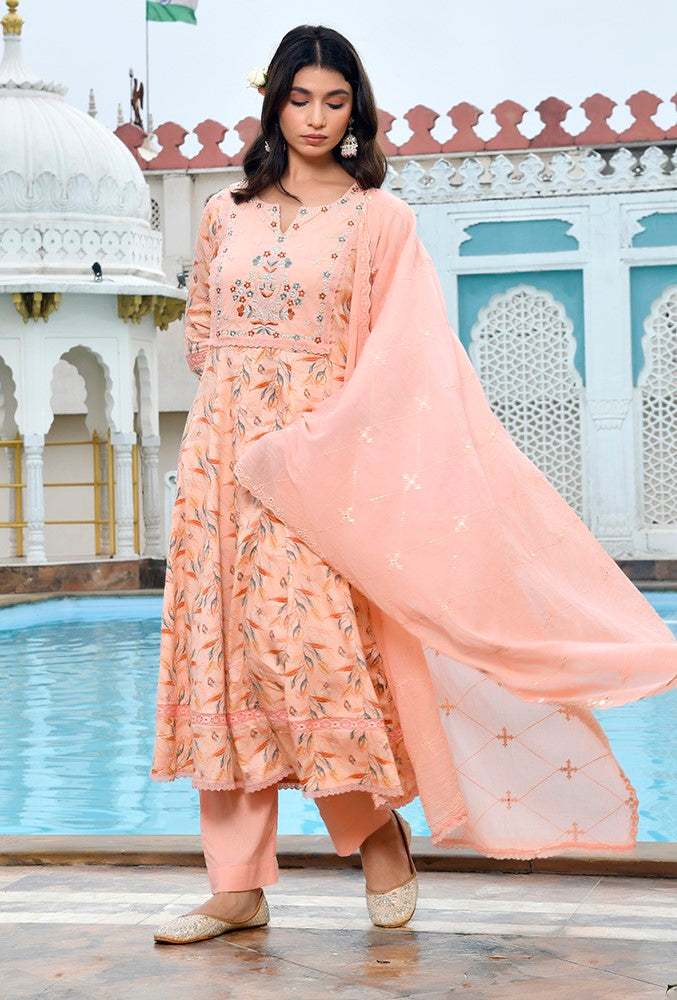 Women Cotton Anarkali Set with Solid Pant and Embroidered Dupatta