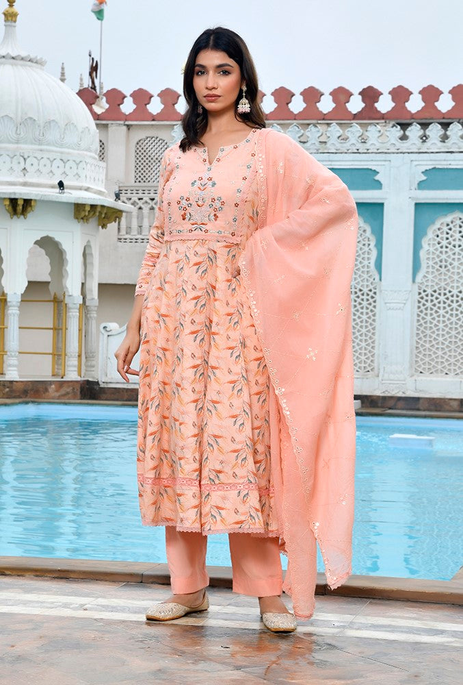 Women Cotton Anarkali Set with Solid Pant and Embroidered Dupatta