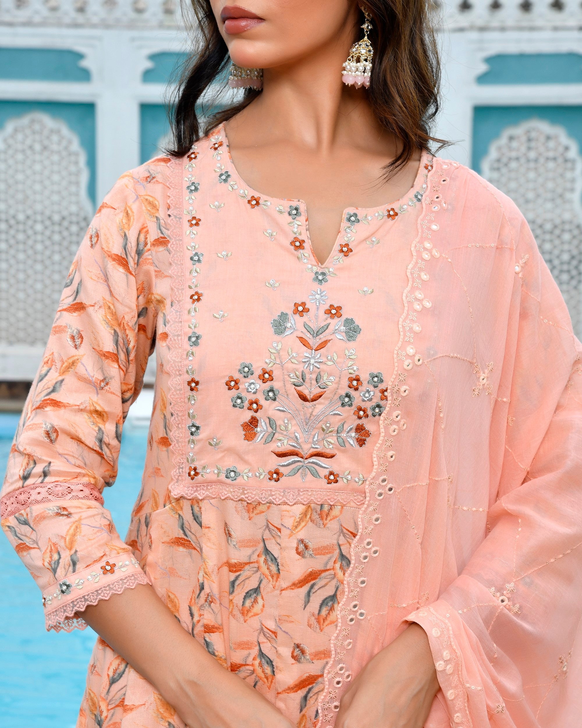 Women Cotton Anarkali Set with Solid Pant and Embroidered Dupatta