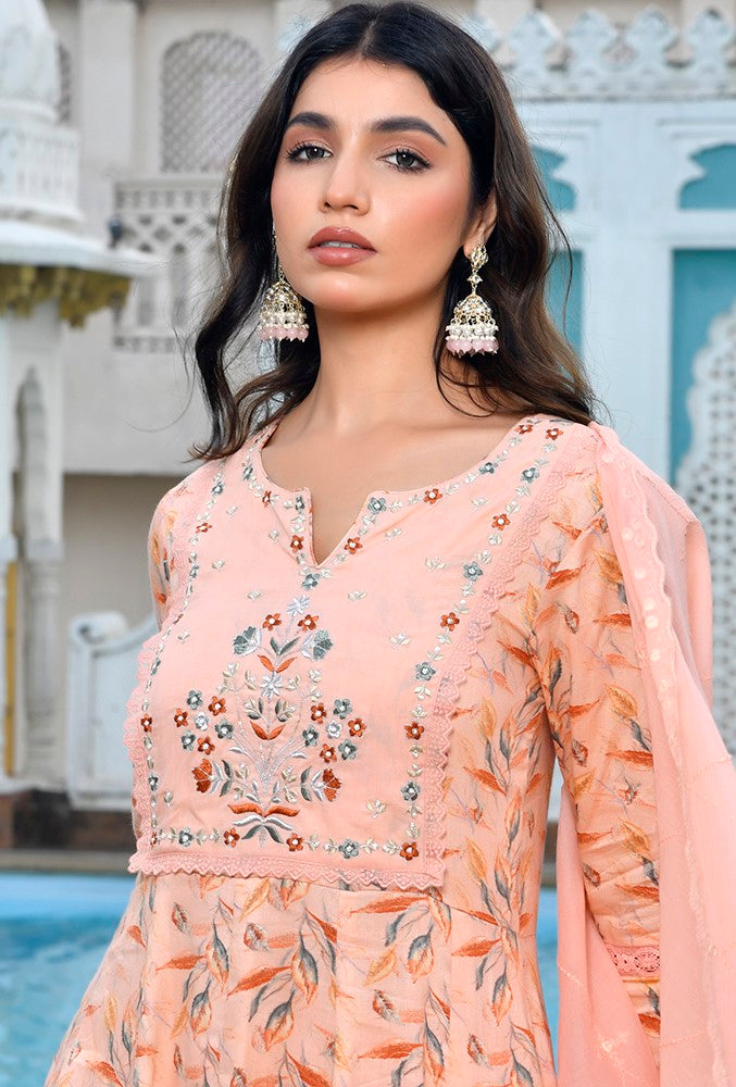 Women Cotton Anarkali Set with Solid Pant and Embroidered Dupatta