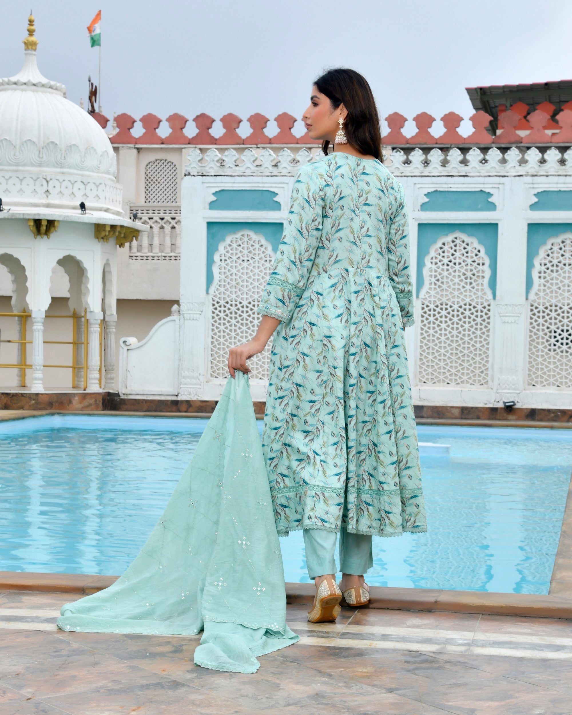 Women Cotton Anarkali Set with Solid Pant and Embroidered Dupatta