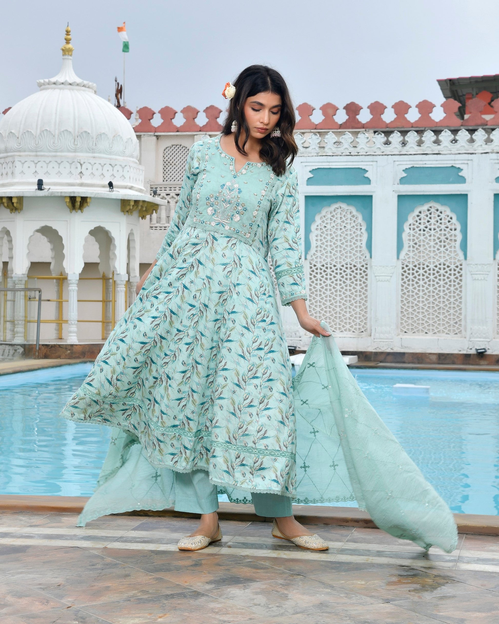 Women Cotton Anarkali Set with Solid Pant and Embroidered Dupatta