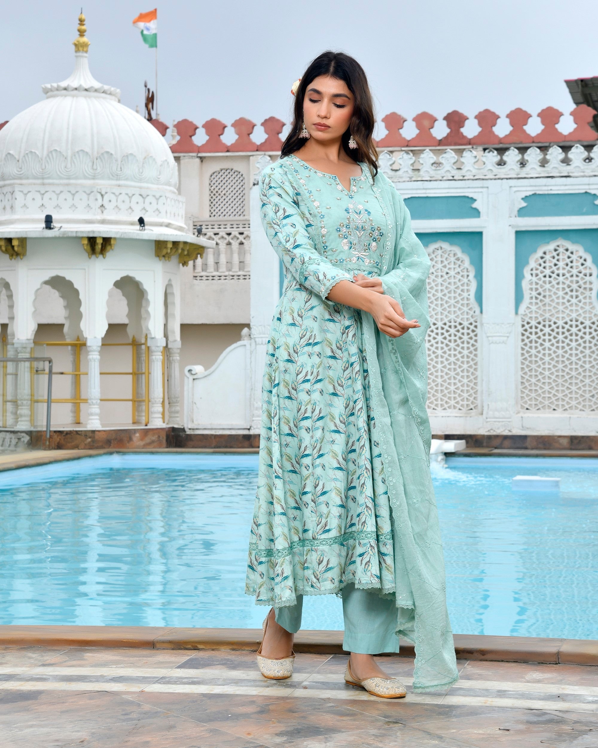 Women Cotton Anarkali Set with Solid Pant and Embroidered Dupatta