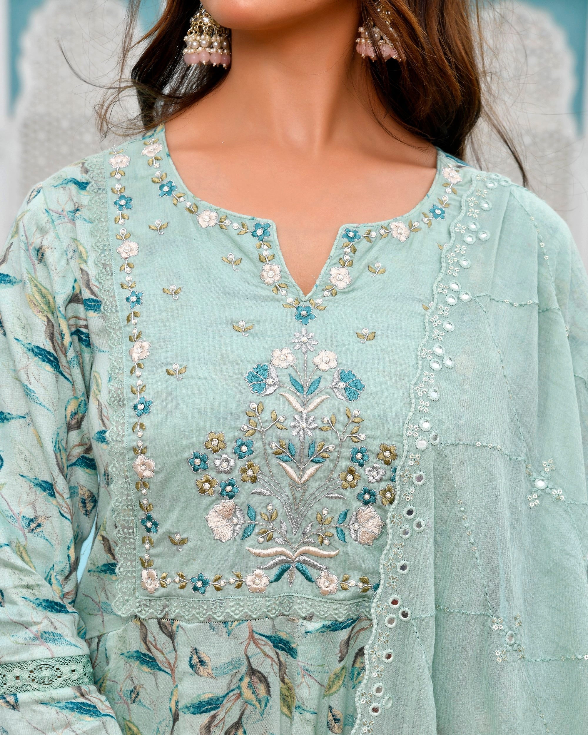 Women Cotton Anarkali Set with Solid Pant and Embroidered Dupatta