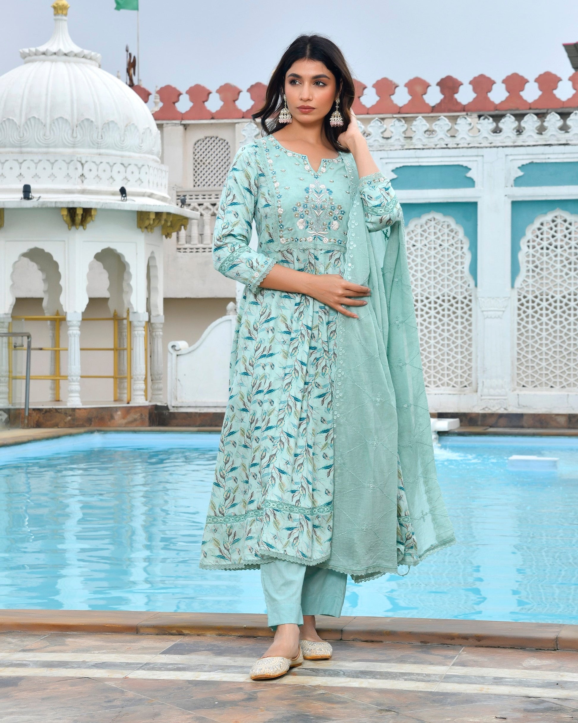 Women Cotton Anarkali Set with Solid Pant and Embroidered Dupatta