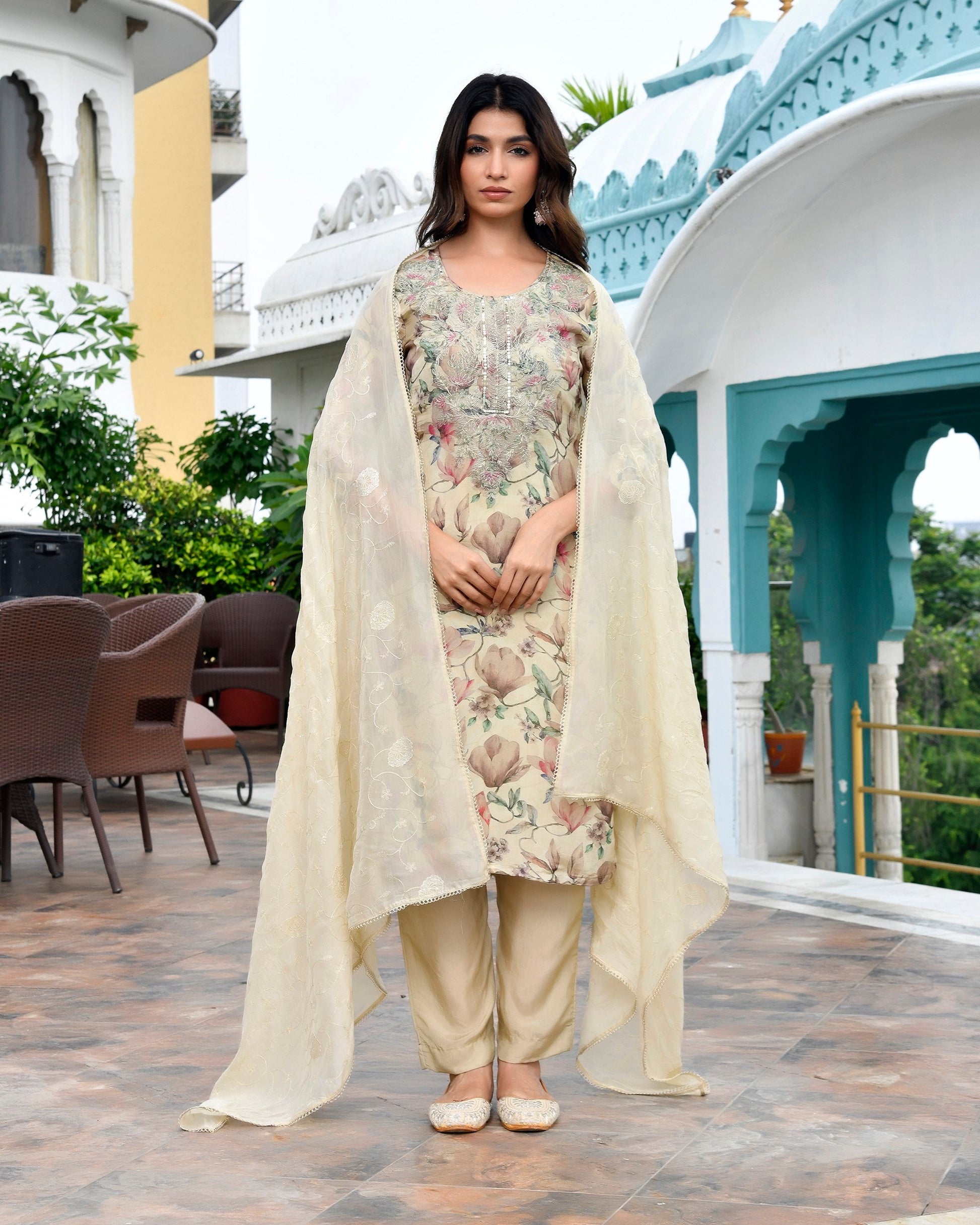 Women Tissue Embroidered Suit Set with Solid Pant and Embroidered Dupatta