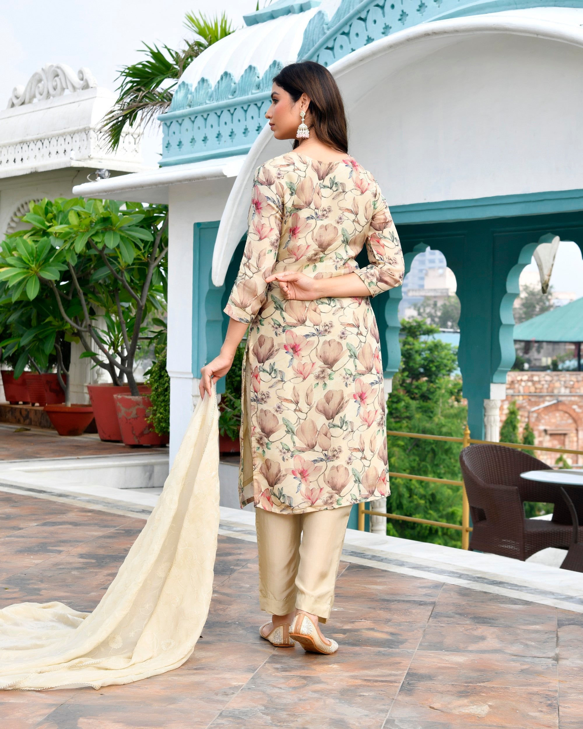 Women Tissue Embroidered Suit Set with Solid Pant and Embroidered Dupatta