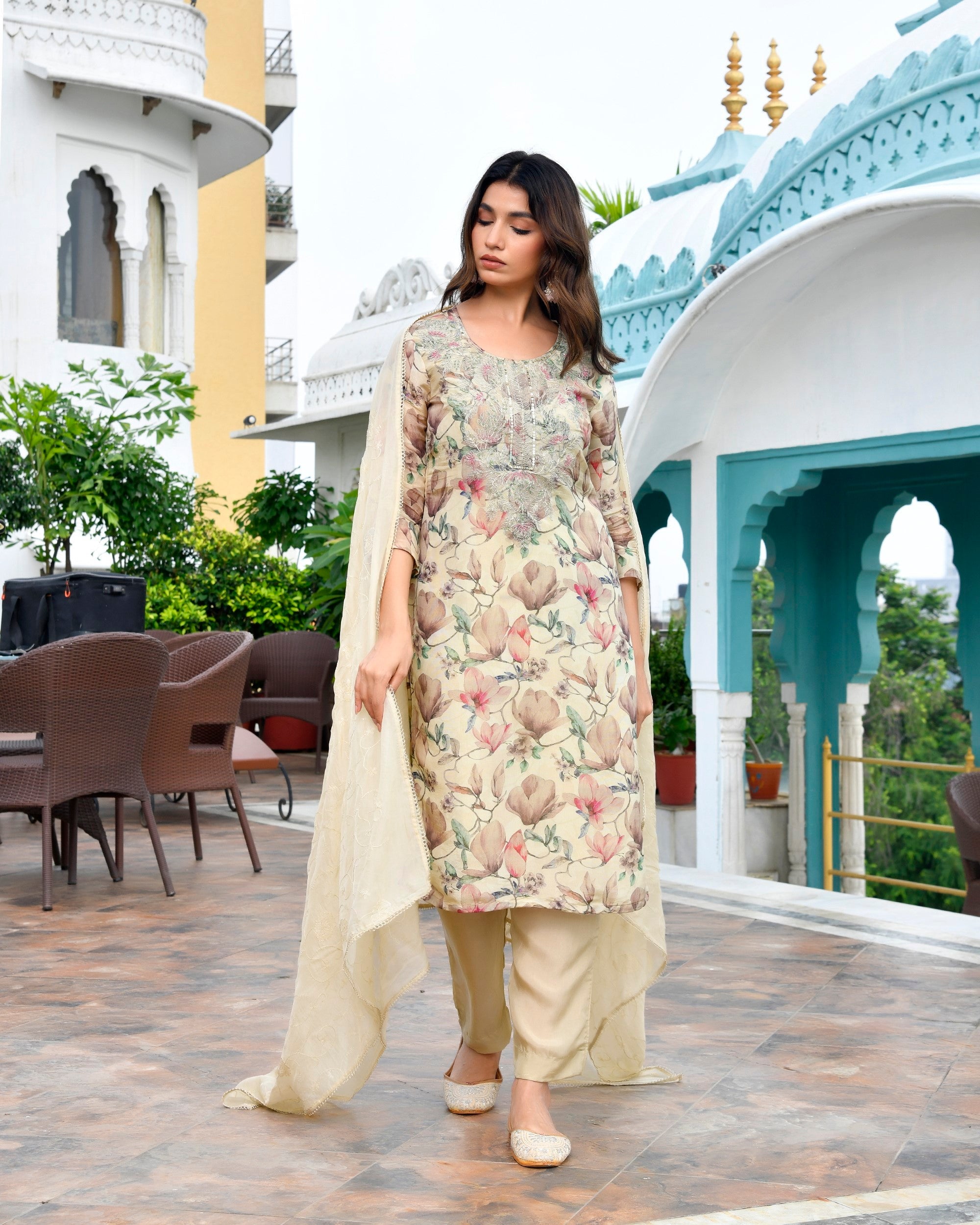 Women Tissue Embroidered Suit Set with Solid Pant and Embroidered Dupatta