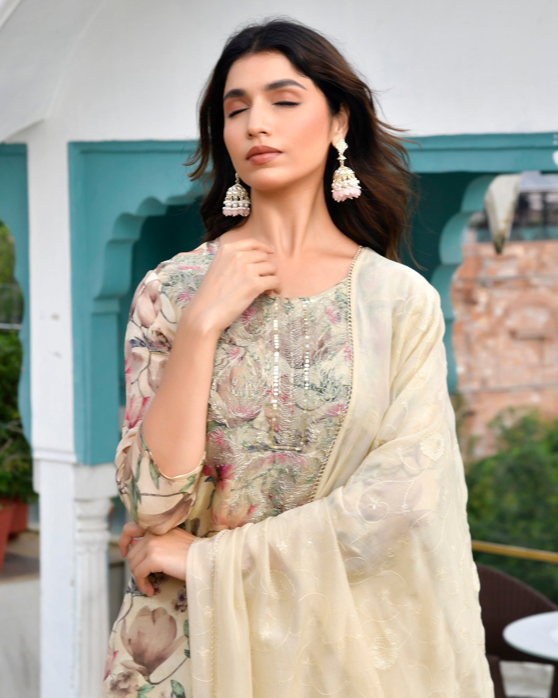 Women Tissue Embroidered Suit Set with Solid Pant and Embroidered Dupatta