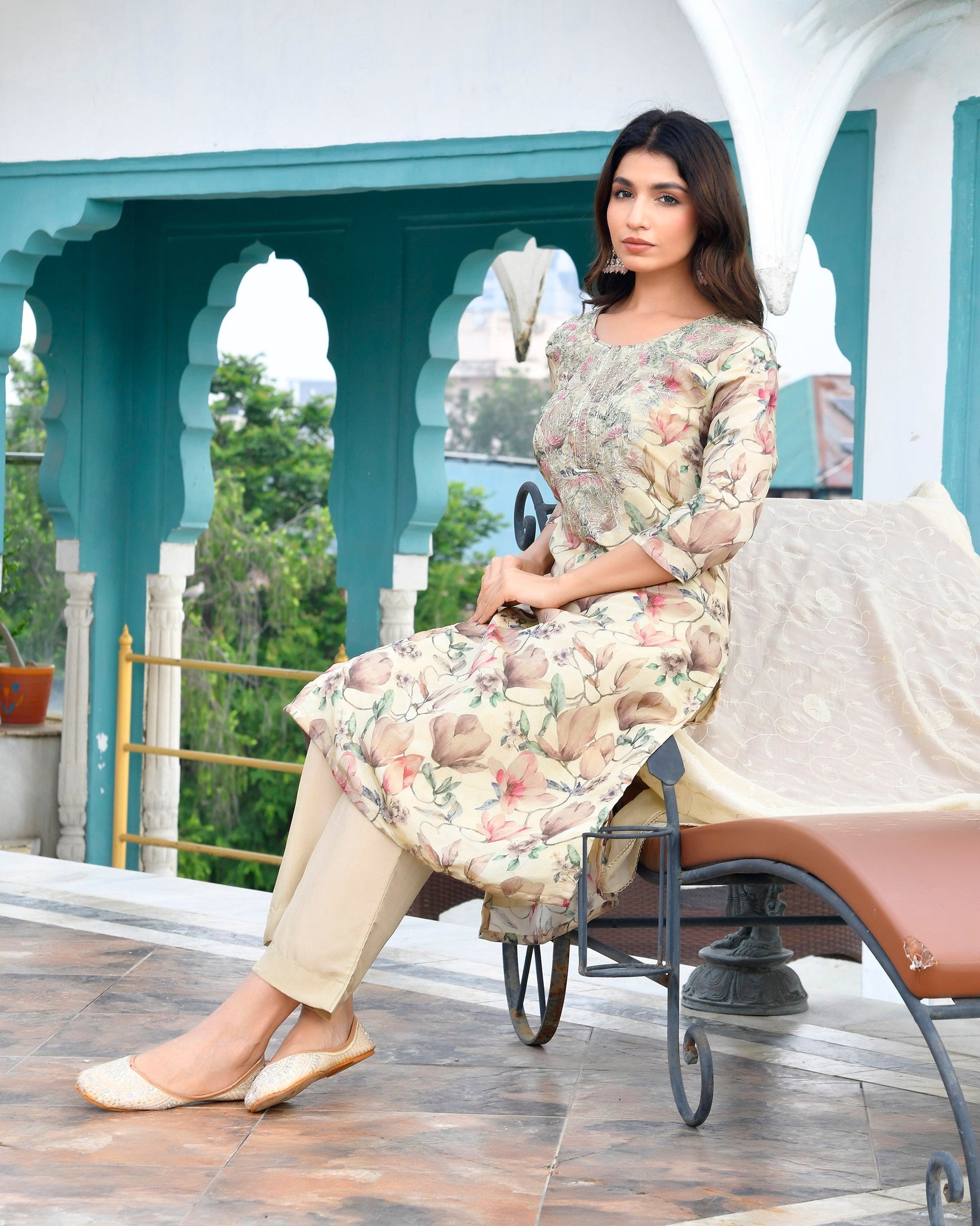 Women Tissue Embroidered Suit Set with Solid Pant and Embroidered Dupatta