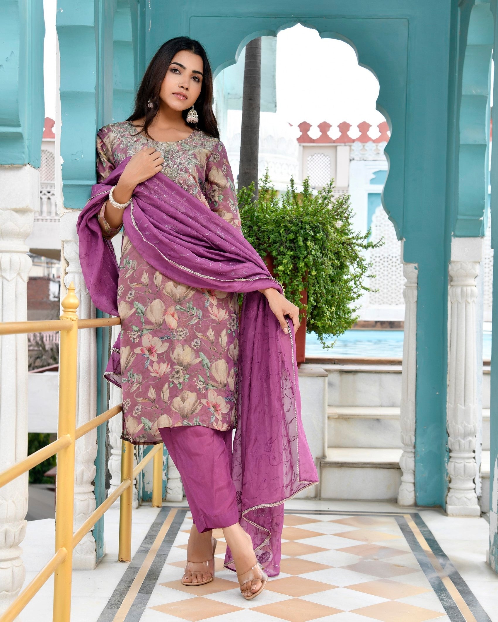 Women Tissue Embroidered Suit Set with Solid Pant and Embroidered Dupatta