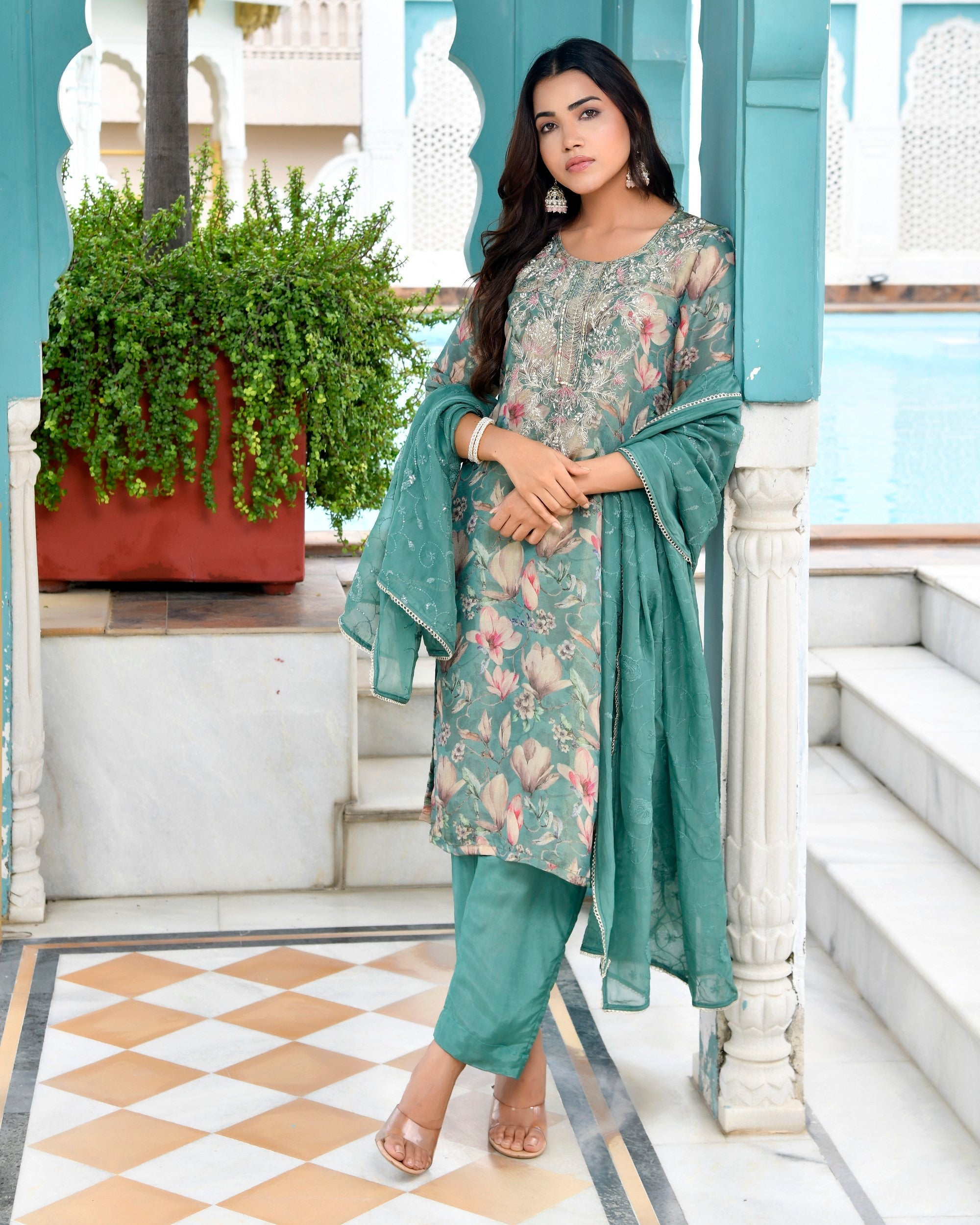 Women Tissue Embroidered Suit Set with Solid Pant and Embroidered Dupatta