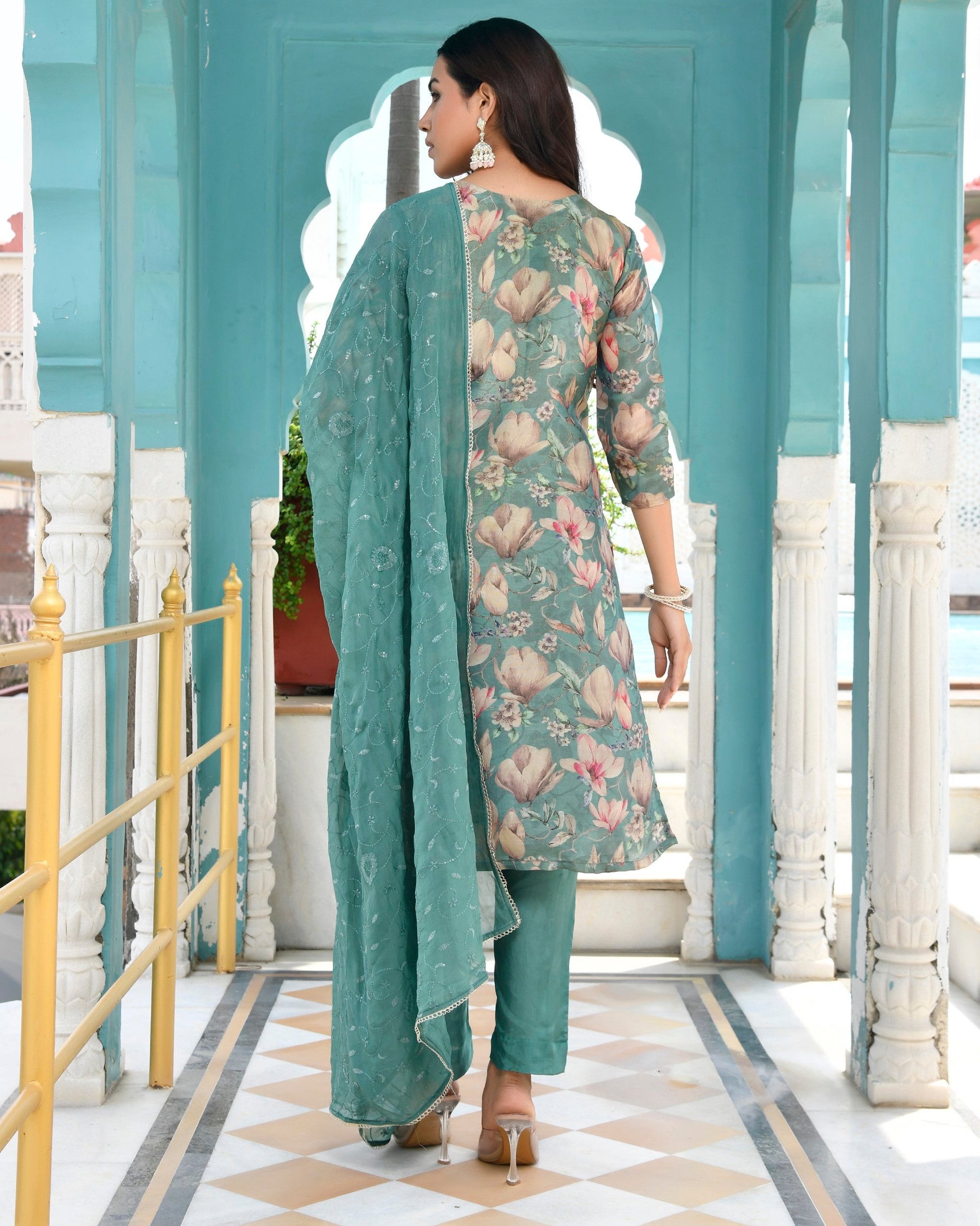 Women Tissue Embroidered Suit Set with Solid Pant and Embroidered Dupatta