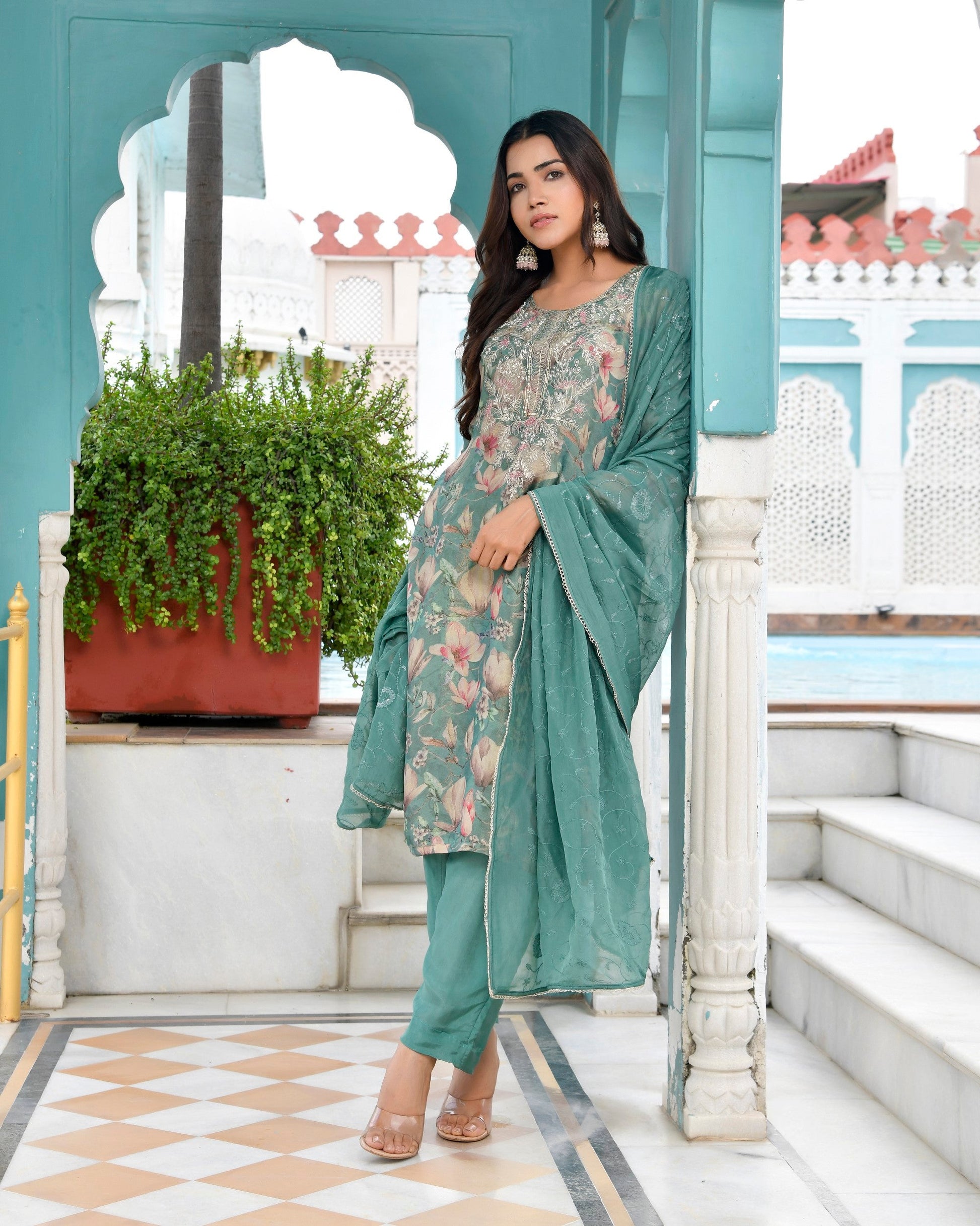 Women Tissue Embroidered Suit Set with Solid Pant and Embroidered Dupatta