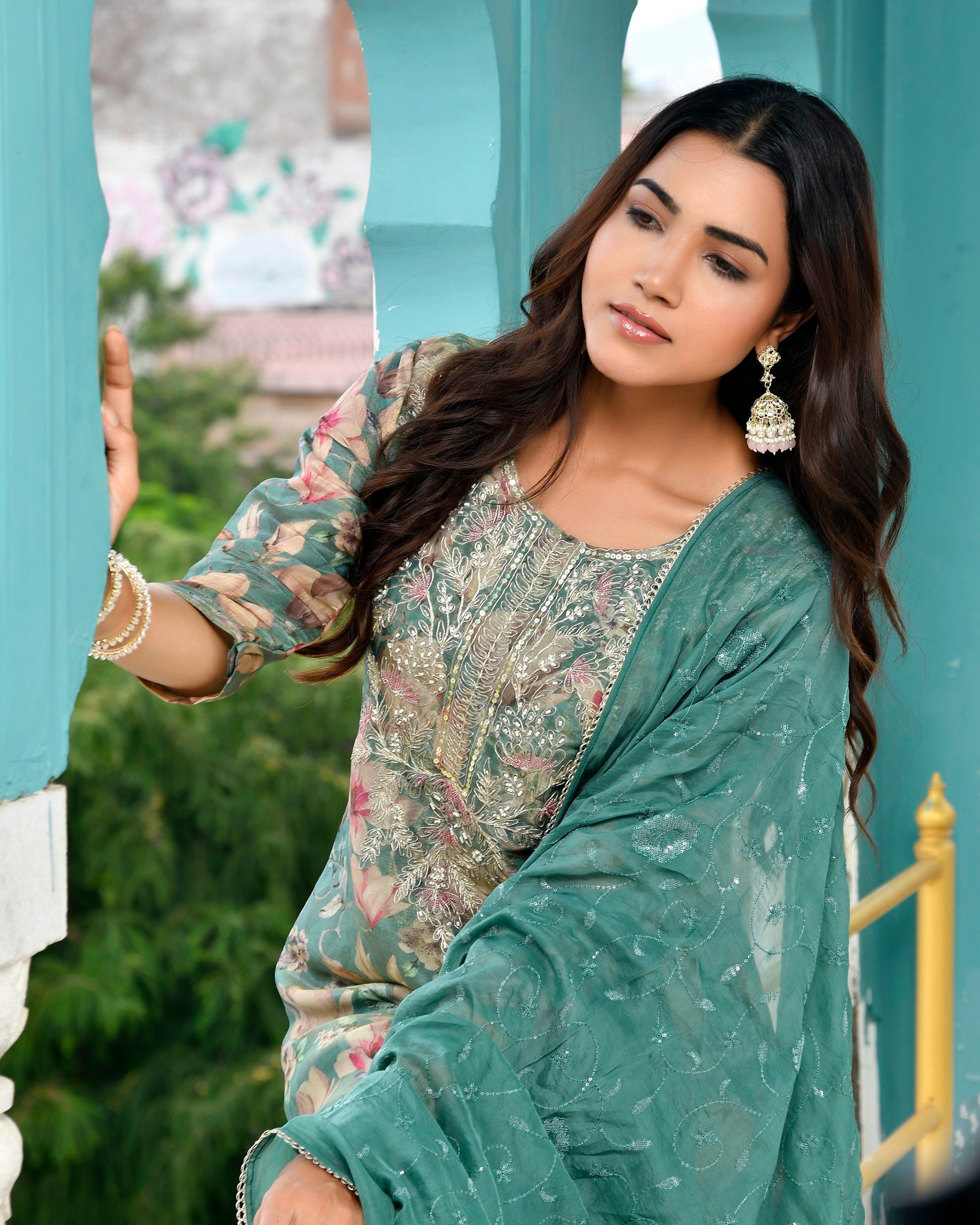 Women Tissue Embroidered Suit Set with Solid Pant and Embroidered Dupatta