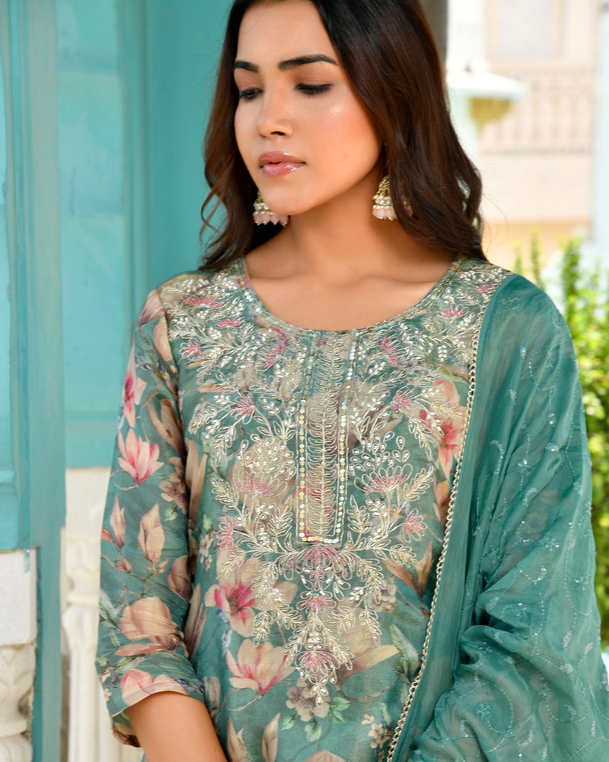 Women Tissue Embroidered Suit Set with Solid Pant and Embroidered Dupatta