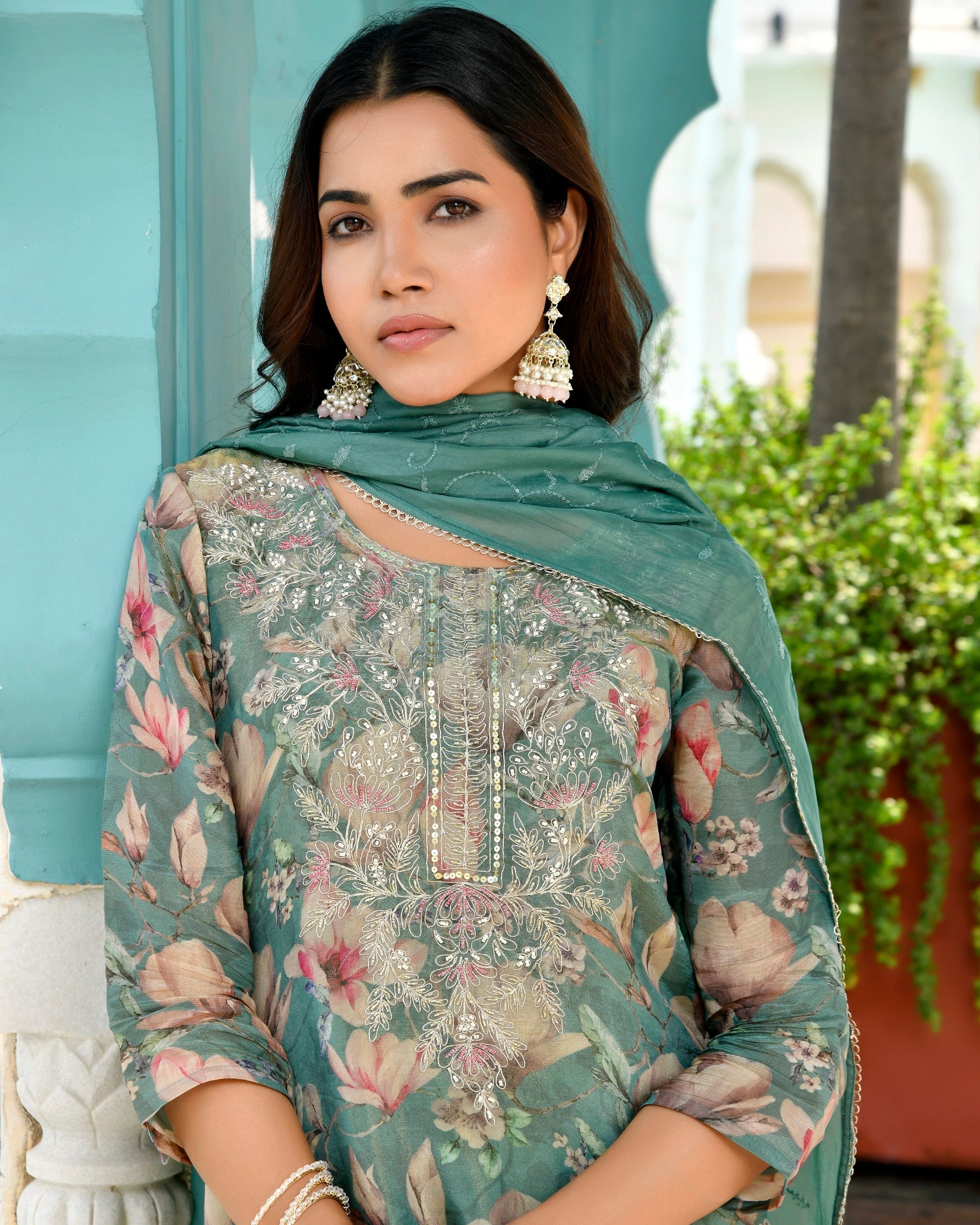 Women Tissue Embroidered Suit Set with Solid Pant and Embroidered Dupatta