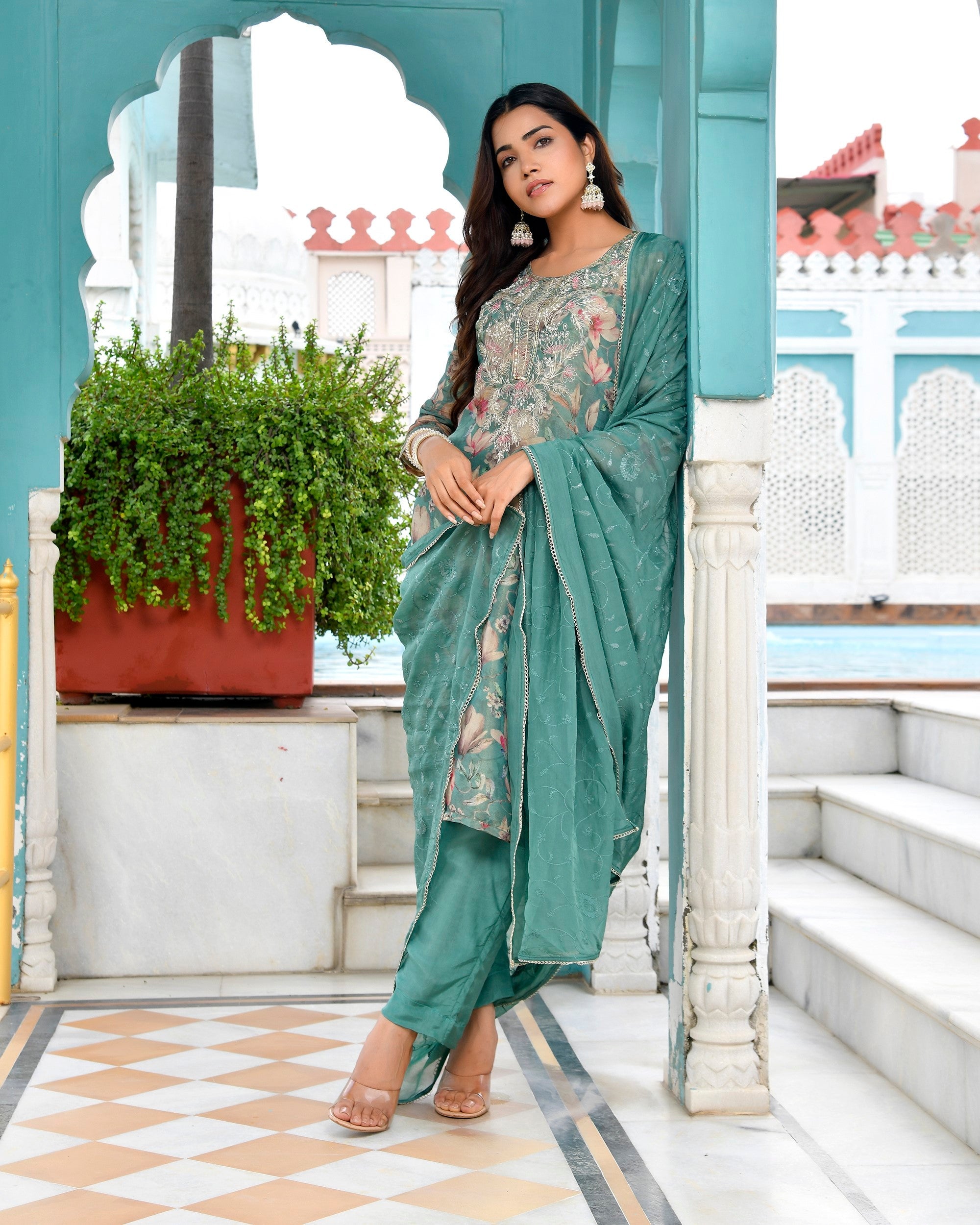 Women Tissue Embroidered Suit Set with Solid Pant and Embroidered Dupatta