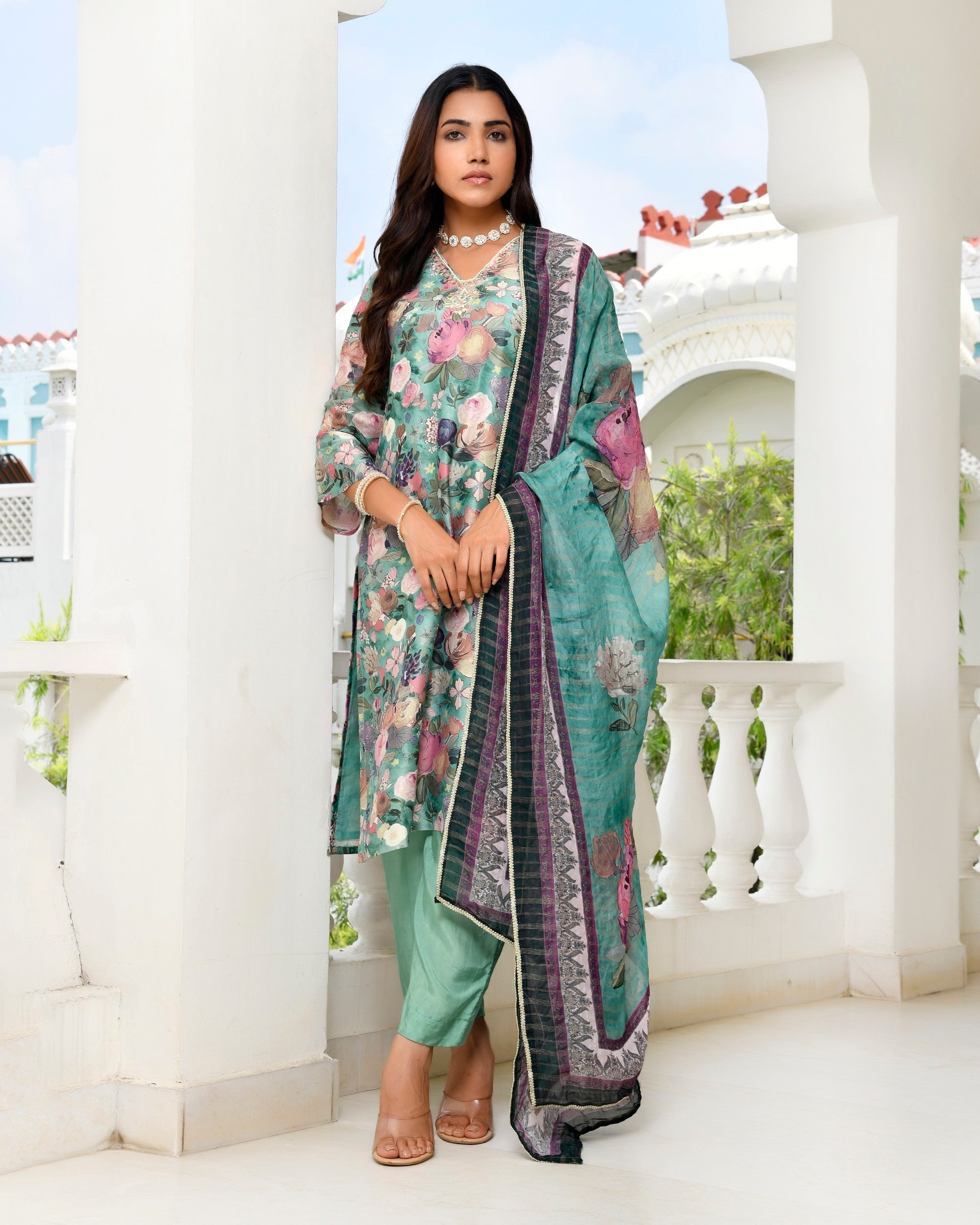 Women Tissue gota Embroidered Suit Set with Solid Pant and Embroidered Dupatta