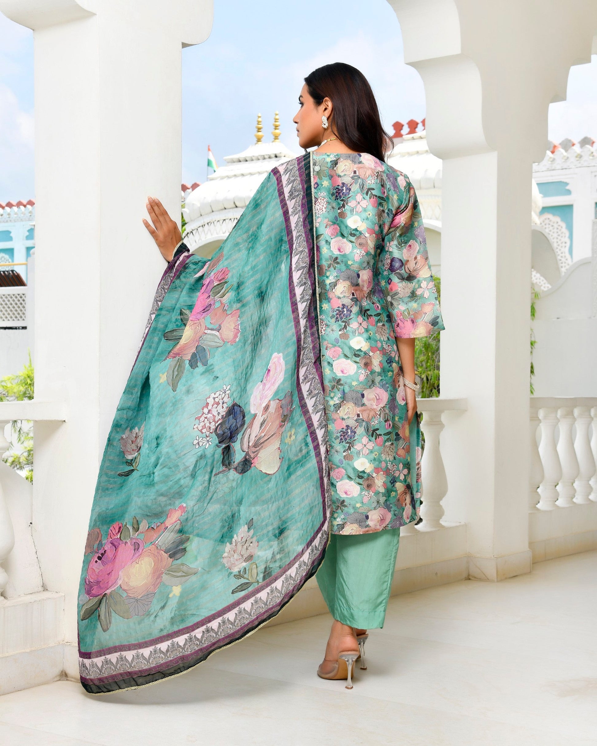 Women Tissue gota Embroidered Suit Set with Solid Pant and Embroidered Dupatta