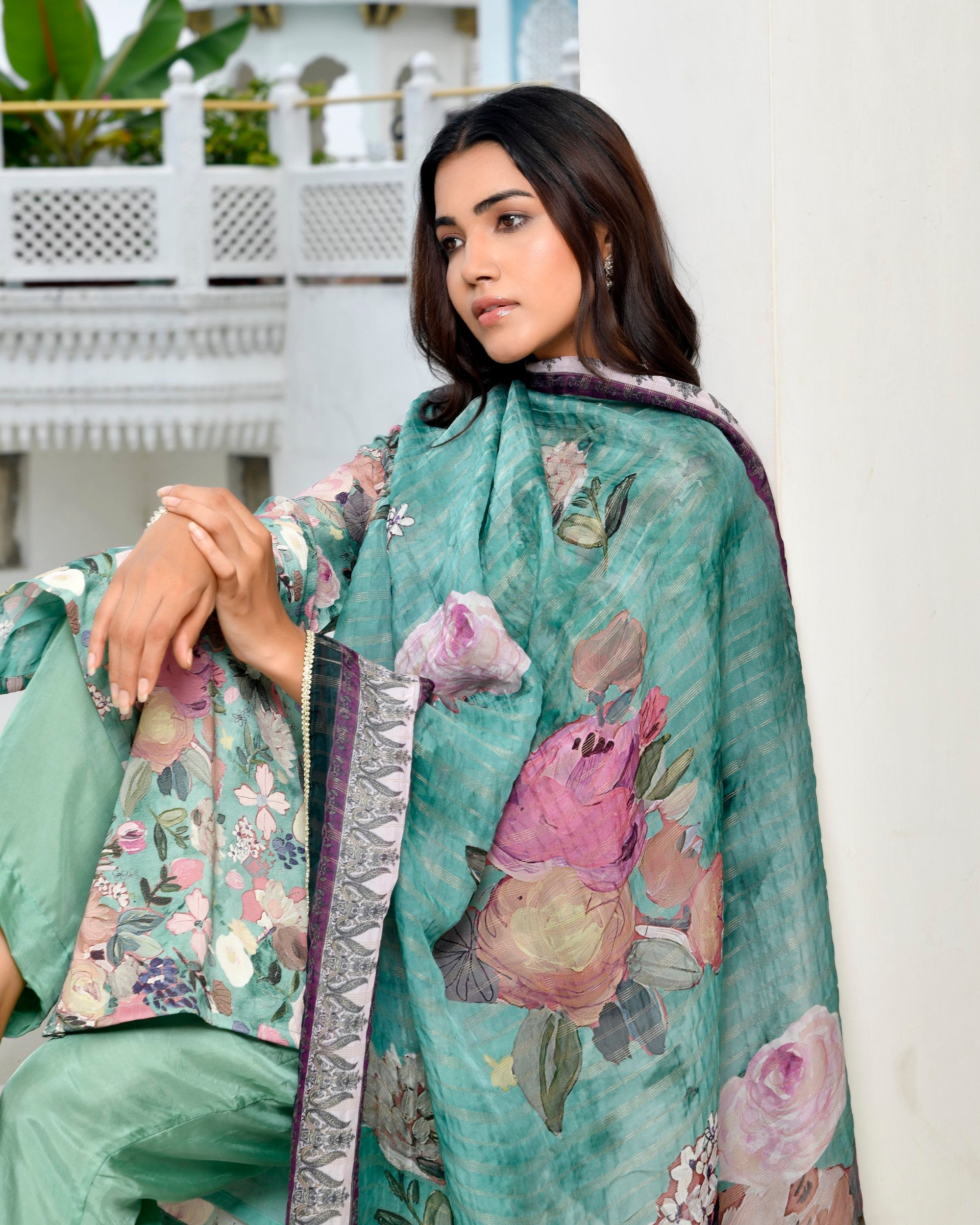 Women Tissue gota Embroidered Suit Set with Solid Pant and Embroidered Dupatta